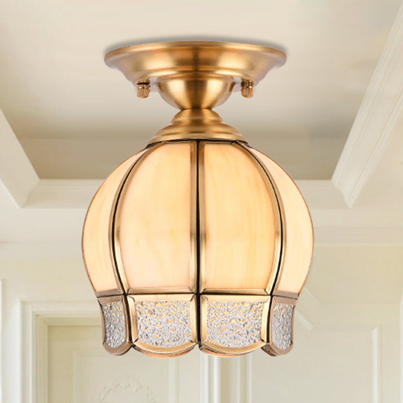 Semi Flush Mount Brass Lamp with Milk Glass Shade - Ceiling Light for Balcony