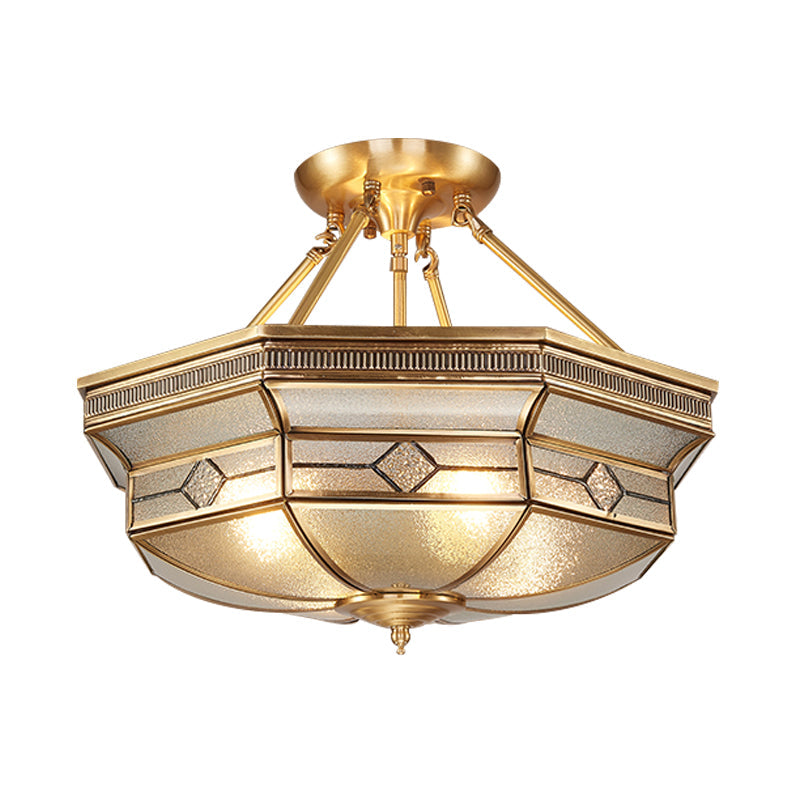 Traditional Octagon Semi Flush Ceiling Light - Textured Glass - Brass Finish - Ideal for Bedroom