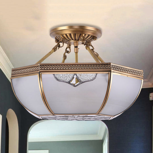 Traditional Semi Flush Brass Lamp with Milk Glass and 3 Bulbs for Living Room Ceiling