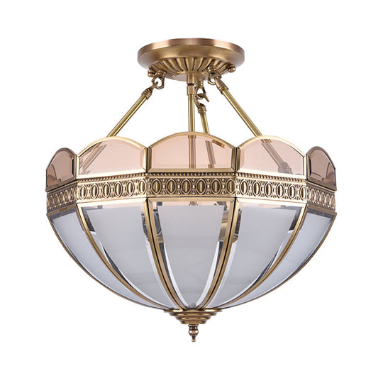 Traditional Brass 4-Bulb Umbrella Semi Flush Mount Ceiling Light Fixture with Frosted Glass