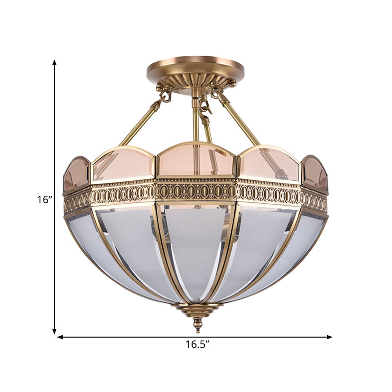 Traditional Brass 4-Bulb Umbrella Semi Flush Mount Ceiling Light Fixture with Frosted Glass