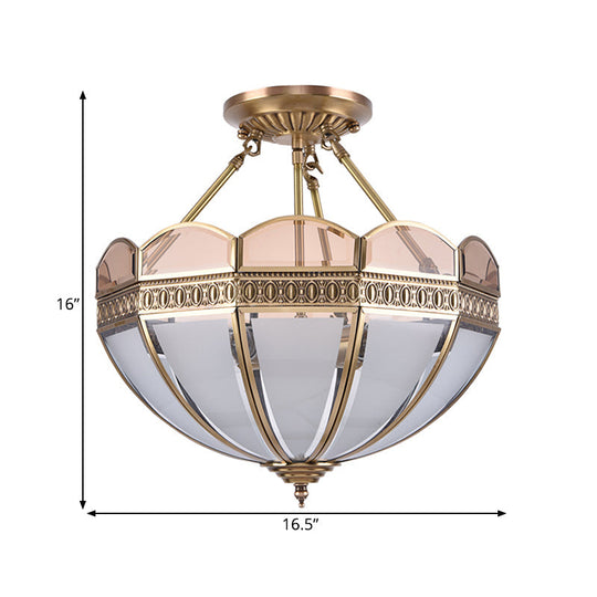 Traditional Brass 4-Bulb Umbrella Semi Flush Mount Ceiling Light Fixture with Frosted Glass