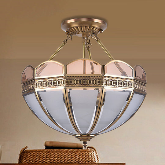 Traditional Brass 4-Bulb Umbrella Semi Flush Mount Ceiling Light Fixture with Frosted Glass