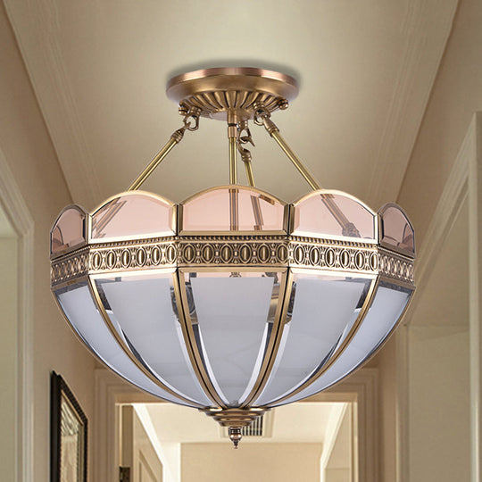 Traditional Brass 4-Bulb Umbrella Semi Flush Mount Ceiling Light Fixture with Frosted Glass