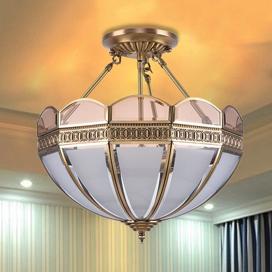 Traditional Brass 4-Bulb Umbrella Semi Flush Mount Ceiling Light Fixture with Frosted Glass