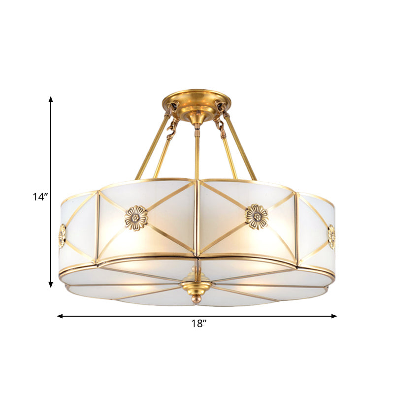 Traditional White Glass Semi-Flush Mount Chandelier - 4/6 Bulb Option, 18"/23.5" Width, Brass Finish