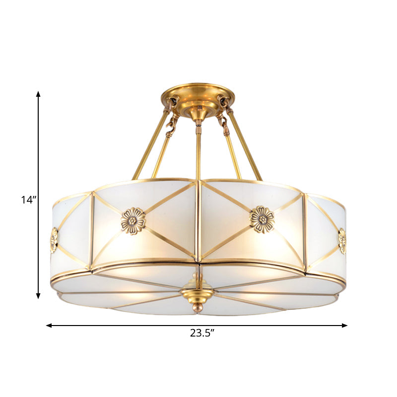 Traditional White Glass Semi-Flush Mount Chandelier - 4/6 Bulb Option, 18"/23.5" Width, Brass Finish