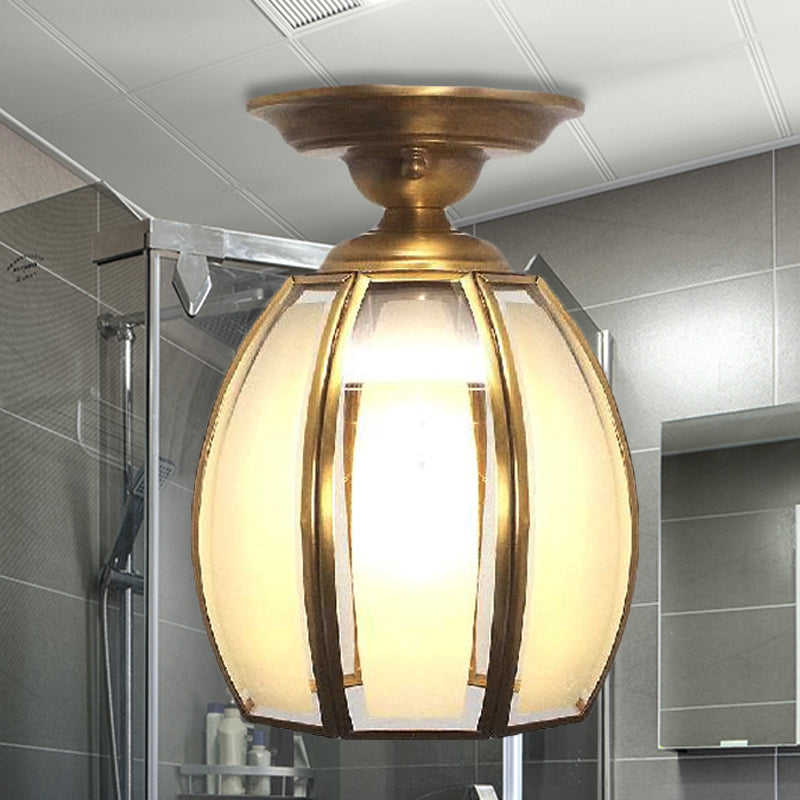 Traditional Brass Frosted Glass Semi Flush Mount Light for Living Room Ceiling