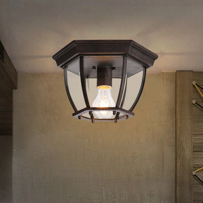 Flush Mount Cage Light Fixture In Rust With Clear Glass For Balcony - Traditional Style