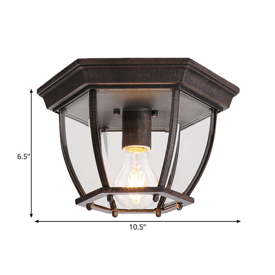 Flush Mount Cage Light Fixture In Rust With Clear Glass For Balcony - Traditional Style