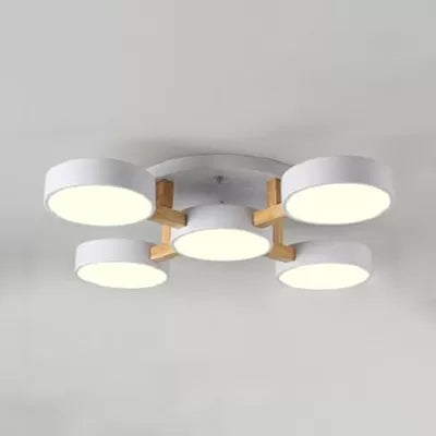 Wood And Metal Drum Ceiling Light - 5 Head Macaron Design For Living Room Semi Flush Mount Loft