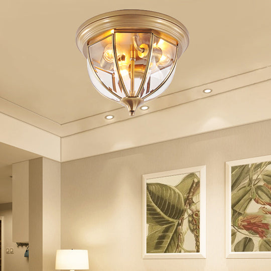 Hemisphere Clear Glass Flush Mount Chandelier - Traditional Brass Ceiling Light Fixture 3 Heads