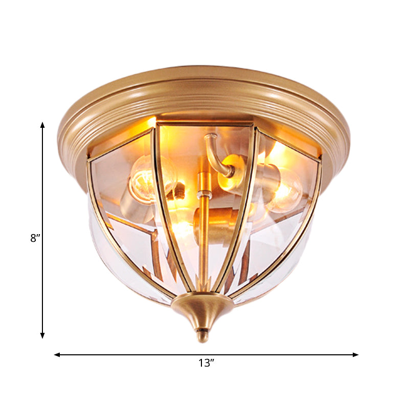 Hemisphere Clear Glass Flush Mount Chandelier - Traditional Brass Ceiling Light Fixture 3 Heads