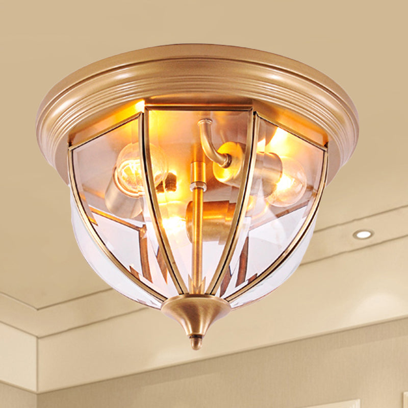 Hemisphere Clear Glass Flush Mount Chandelier - Traditional Brass Ceiling Light Fixture 3 Heads