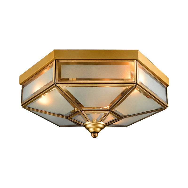 Traditional Frosted Glass Hexagon Flush Mount Chandelier - Brass Ceiling Fixture (14/18 Wide) 3/4