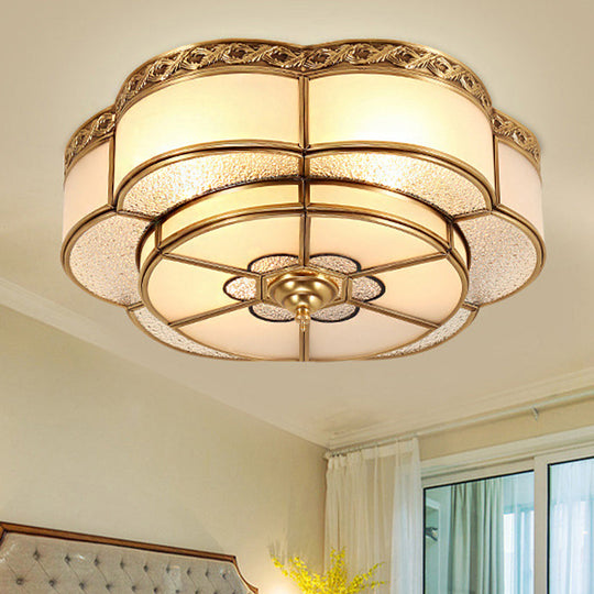 Opal Glass Flush Mount Brass Flower Ceiling Light - Bedroom Fixture, 3/4/6 Bulbs, 14"/18"/23.5" Wide