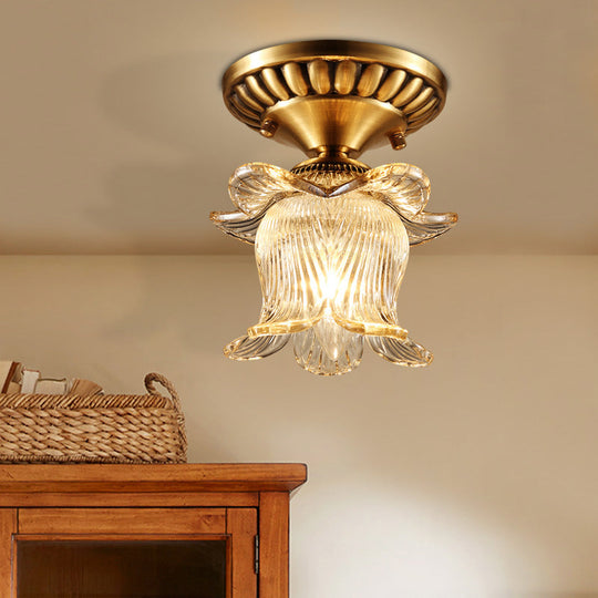 Traditional Brass Chandelier with Clear Ribbed Glass and Semi-Flush Mount for 1 Bulb