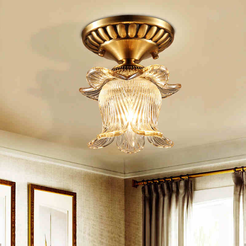 Traditional Brass Chandelier with Clear Ribbed Glass and Semi-Flush Mount for 1 Bulb