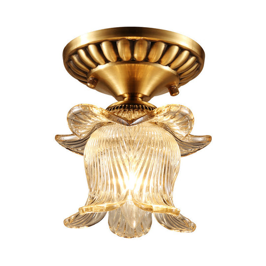 Traditional Brass Chandelier with Clear Ribbed Glass and Semi-Flush Mount for 1 Bulb