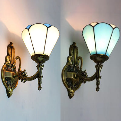 Vintage Style Stained Glass Cone Wall Sconce Lamp With 1 Light White/Blue For Living Room