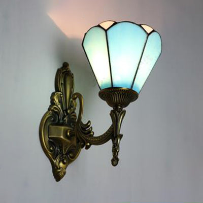 Vintage Style Stained Glass Cone Wall Sconce Lamp With 1 Light White/Blue For Living Room