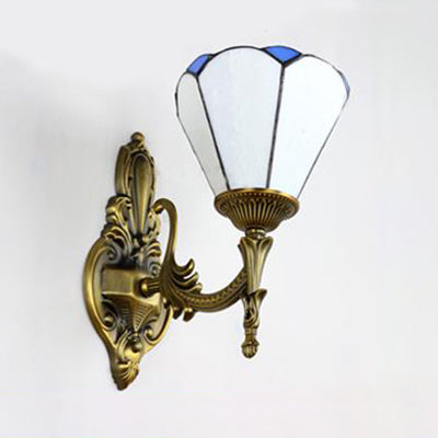 Vintage Style Stained Glass Cone Wall Sconce Lamp With 1 Light White/Blue For Living Room