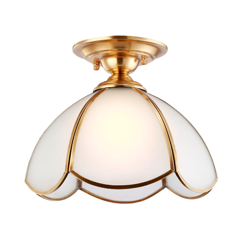 Dome Opal Glass Brass Ceiling Light Fixture For Bedroom - Semi Flush Mount Design With 1 Bulb