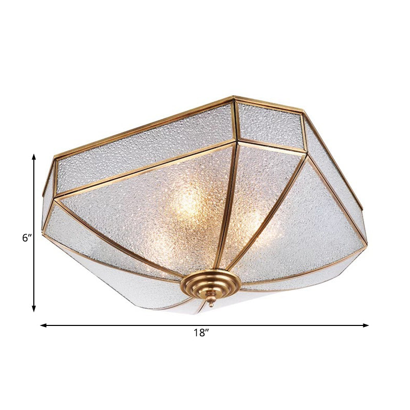 Square Flush Mount Traditionary Water Glass Ceiling Light Fixture - Brass Finish, Ideal for Bedrooms (4 Bulbs)