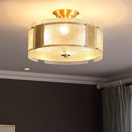 Traditional Brass Drum Semi Flush Mount Lamp with Textured Glass - 4-Head Ceiling Light for Living Room