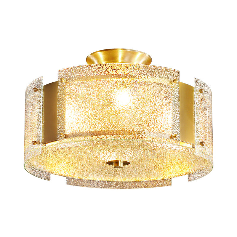 Traditional Brass Drum Semi Flush Mount Lamp with Textured Glass - 4-Head Ceiling Light for Living Room