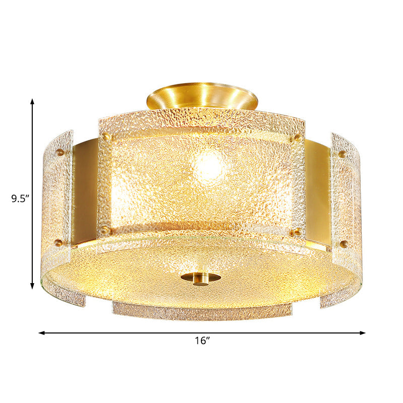 Traditional Brass Drum Semi Flush Mount Lamp with Textured Glass - 4-Head Ceiling Light for Living Room