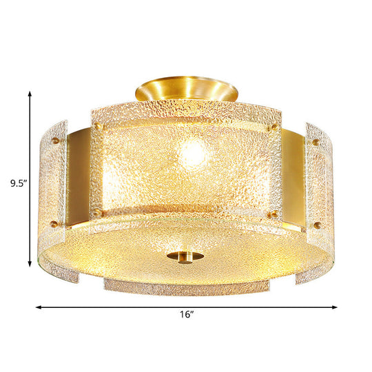 Traditional Brass Drum Semi Flush Mount Lamp with Textured Glass - 4-Head Ceiling Light for Living Room