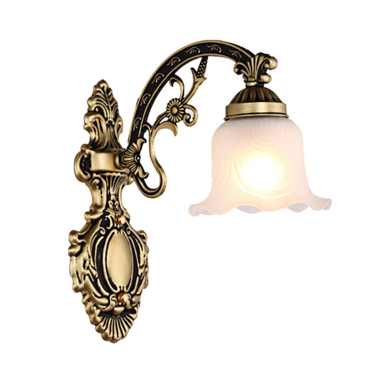 Scalloped Wall Light Fixture With Retro White Glass Shade - Brass/Gold Accent Ideal For Living Rooms