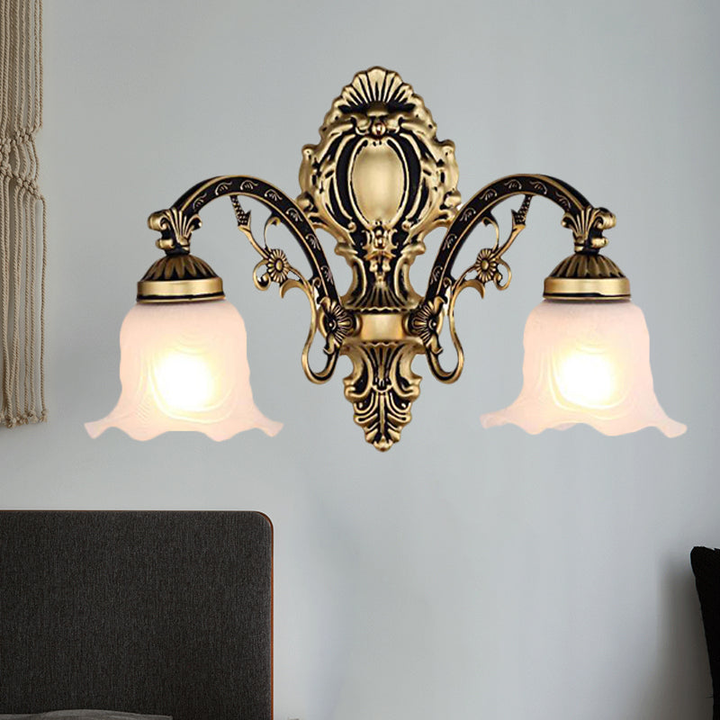 Scalloped Wall Light Fixture With Retro White Glass Shade - Brass/Gold Accent Ideal For Living Rooms