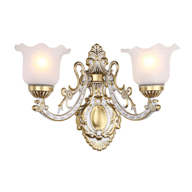 Scalloped Wall Light Fixture With Retro White Glass Shade - Brass/Gold Accent Ideal For Living Rooms