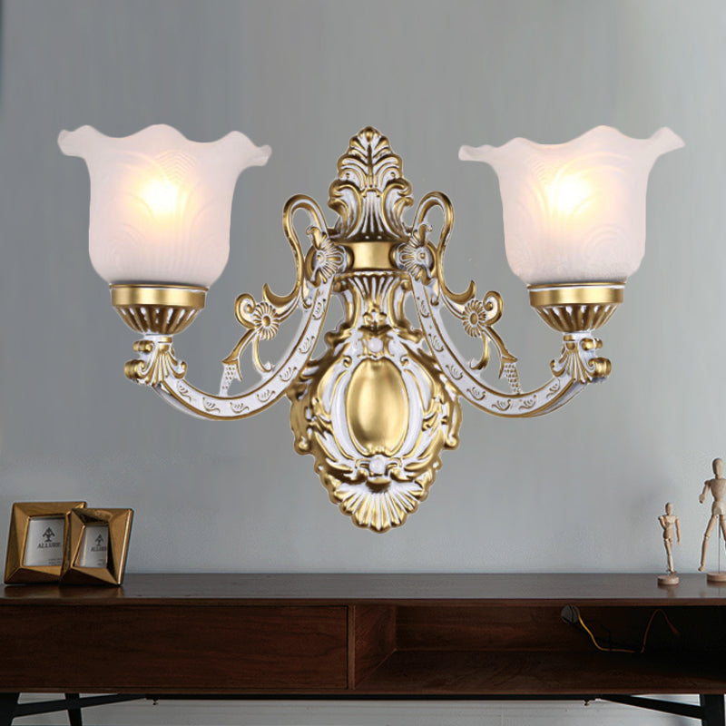 Scalloped Wall Light Fixture With Retro White Glass Shade - Brass/Gold Accent Ideal For Living Rooms