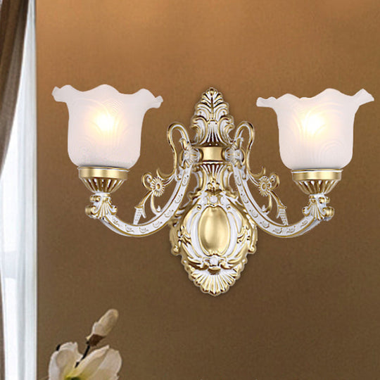 Scalloped Wall Light Fixture With Retro White Glass Shade - Brass/Gold Accent Ideal For Living Rooms