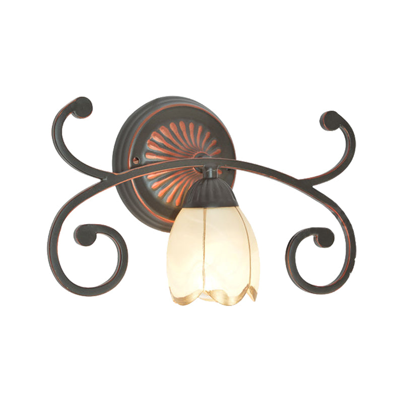 Red Brown Sconce Light - Classic Frosted Glass Flower Shape Vanity Lighting Fixture 1/2/3 Lights