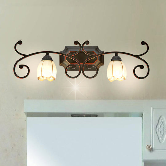 Red Brown Sconce Light - Classic Frosted Glass Flower Shape Vanity Lighting Fixture 1/2/3 Lights