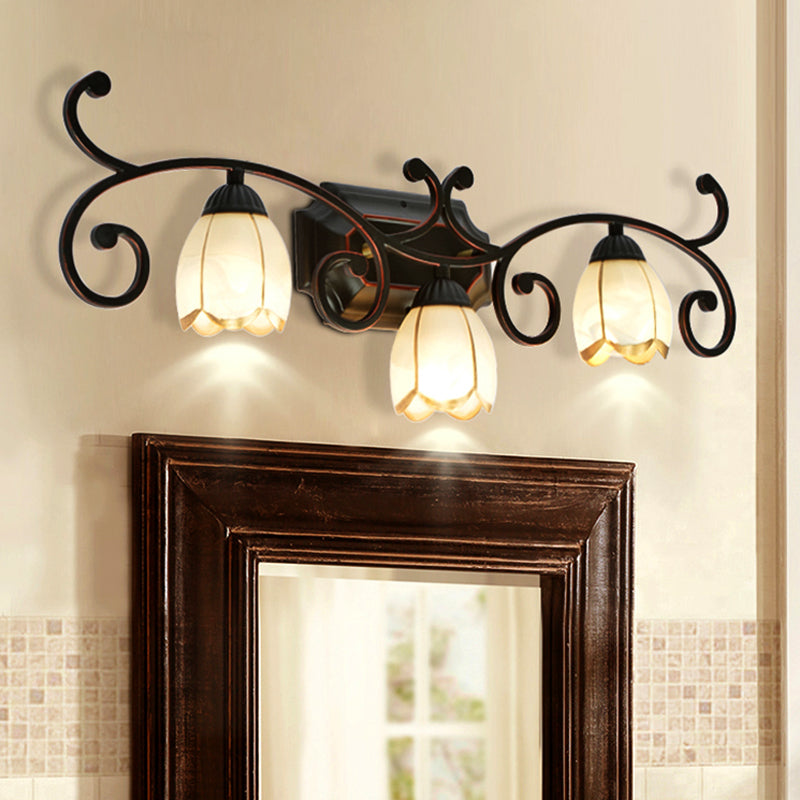 Red Brown Sconce Light - Classic Frosted Glass Flower Shape Vanity Lighting Fixture 1/2/3 Lights 3 /