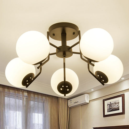 Sputnik Semi Flush Light: 3/5/6 Lights, White Glass Ceiling Fixture for Living Room