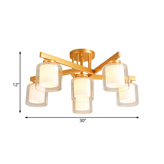 Cylinder Semi Mount Bedroom Lighting - Clear Glass, White Ceiling Light - 4/5/6 Lights