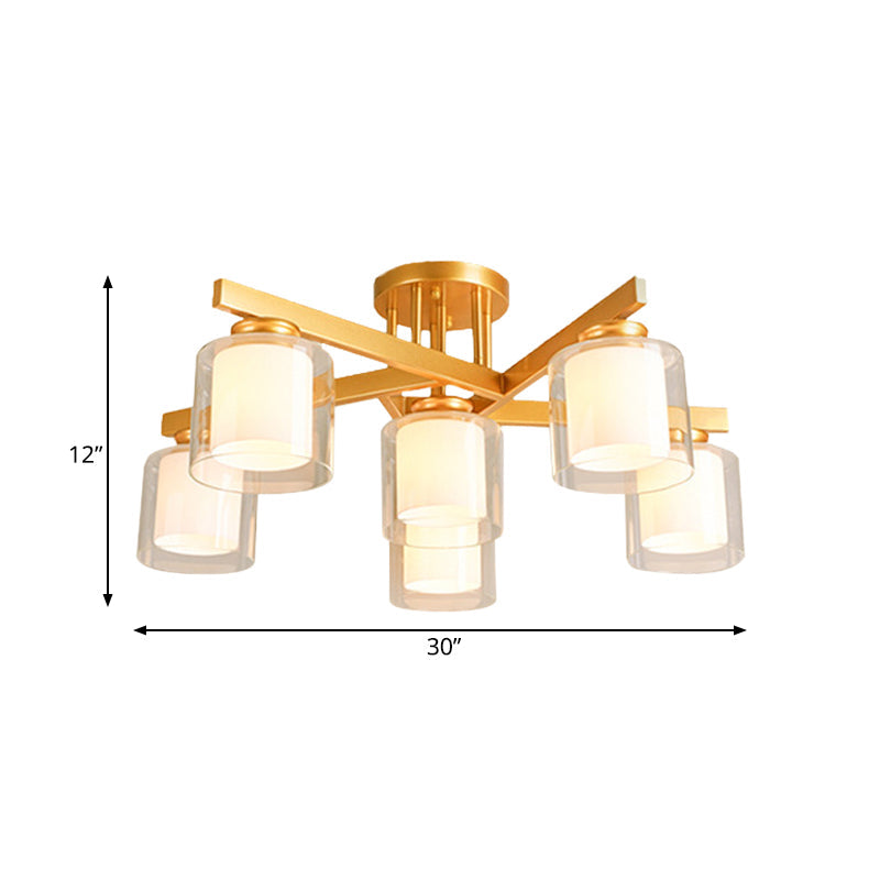 Cylinder Semi Mount Bedroom Lighting - Clear Glass White Ceiling Light 4/5/6 Lights