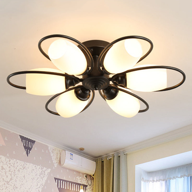 Semi Flush Mount Traditional Flower Shaped Ceiling Light: 3/6/8 Lights, White Glass, Black, Ideal for Living Room