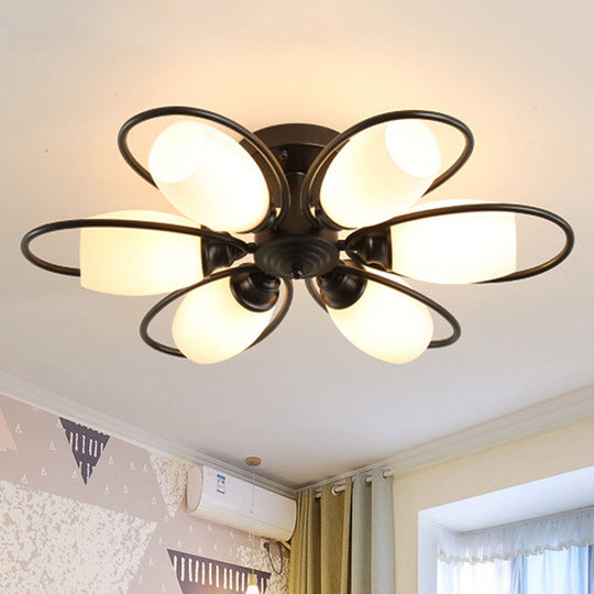 Semi Flush Mount Traditional Flower Shaped Ceiling Light: 3/6/8 Lights White Glass Black Ideal For