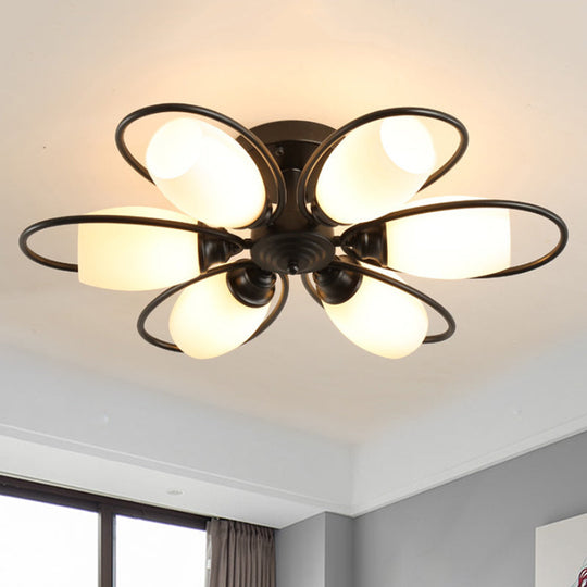 Semi Flush Mount Traditional Flower Shaped Ceiling Light: 3/6/8 Lights, White Glass, Black, Ideal for Living Room