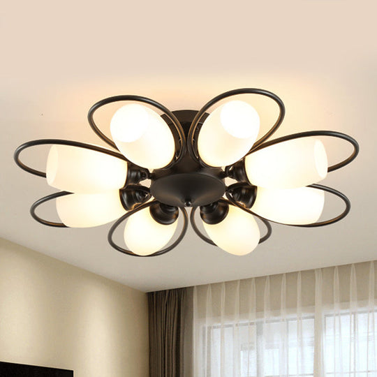 Semi Flush Mount Traditional Flower Shaped Ceiling Light: 3/6/8 Lights, White Glass, Black, Ideal for Living Room