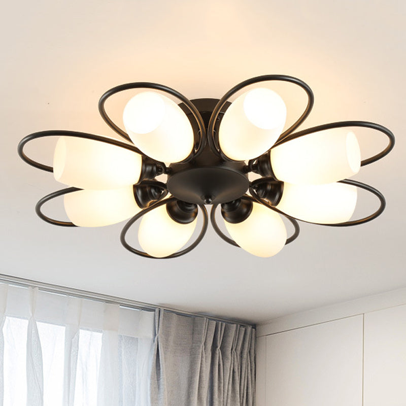 Semi Flush Mount Traditional Flower Shaped Ceiling Light: 3/6/8 Lights, White Glass, Black, Ideal for Living Room