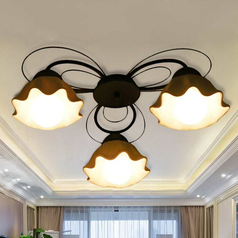 Traditional Black Ceiling Mount Light Fixture with Scalloped White Glass, Ideal for Bedroom (3/5/6 Lights)