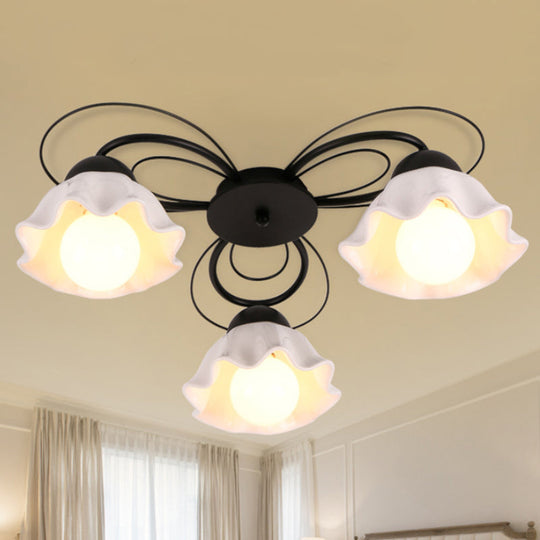 Traditional Black Ceiling Mount Light Fixture with Scalloped White Glass, Ideal for Bedroom (3/5/6 Lights)